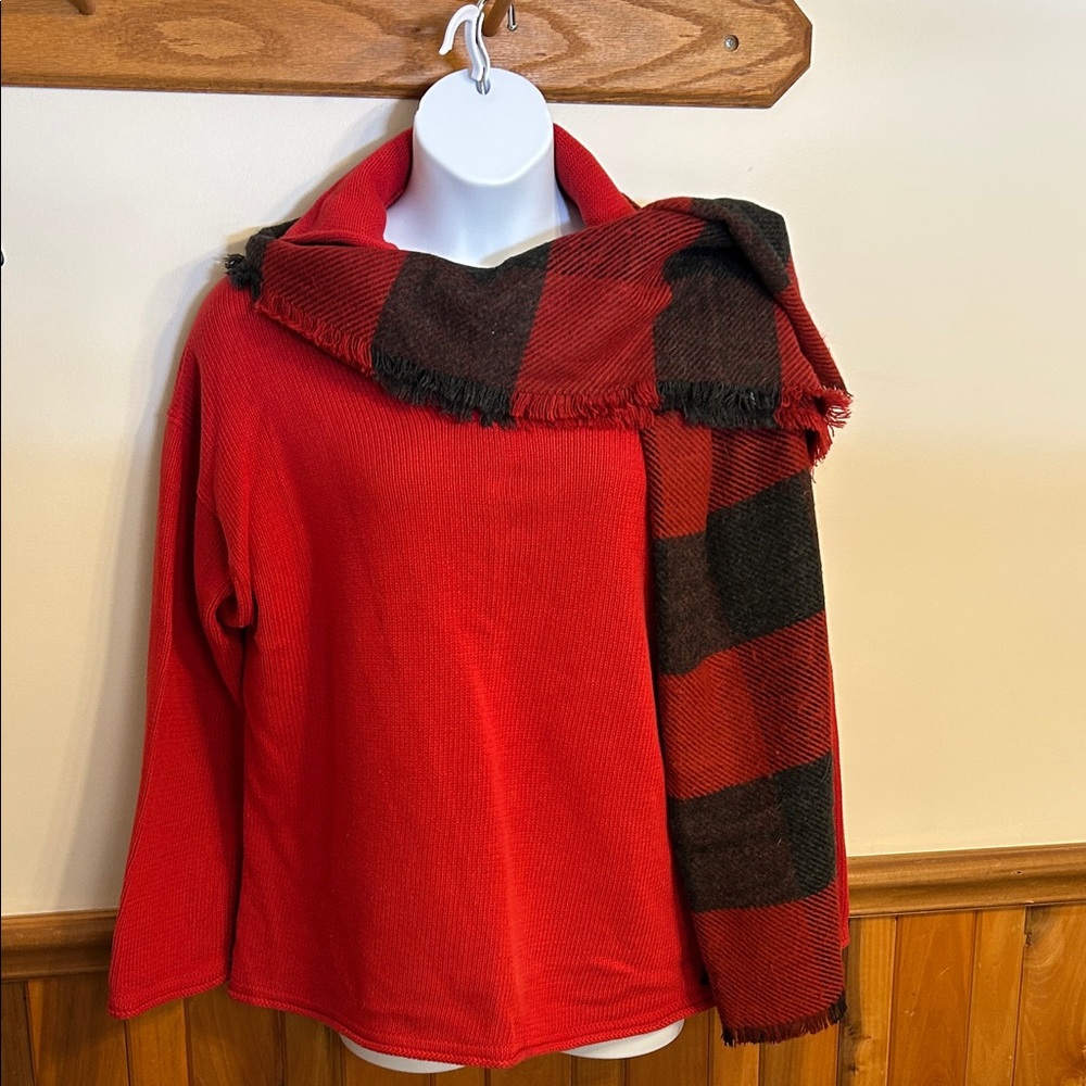 Elegant Red and Black Knit V-Neck Sweater With Scarf Ensemble Size M